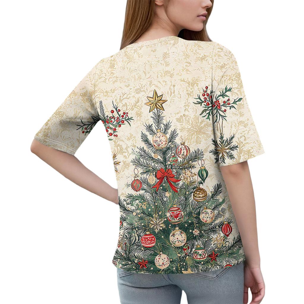 T-shirts Pour Femmes Tendance Col Rond Boutonnés T-shirts Blouse Imprimée Manches Courtes Hauts Pour Femmes