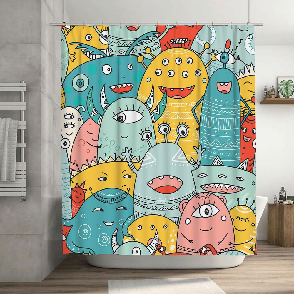 Brightly Colored Monsters Shower Curtain Set For Bathroom Decor Multicolor Cartoon Print Waterproof Fabric With Hooks (Blue)