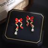Red Ribbon Bow Diamond Stud Earrings, Sweet Niche Design In Autumn And Winter, Simple Woman