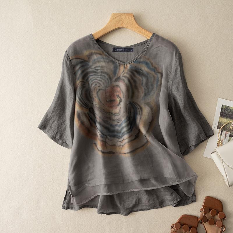 Women Casual V-neck 3/4 Sleeve Summer Print Blouse Tops