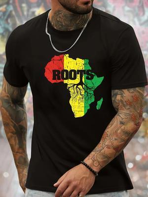Camiseta Gráfica Casual para Hombre con Mapa de África y Diseño de Raíces - Geométrico Vibrante