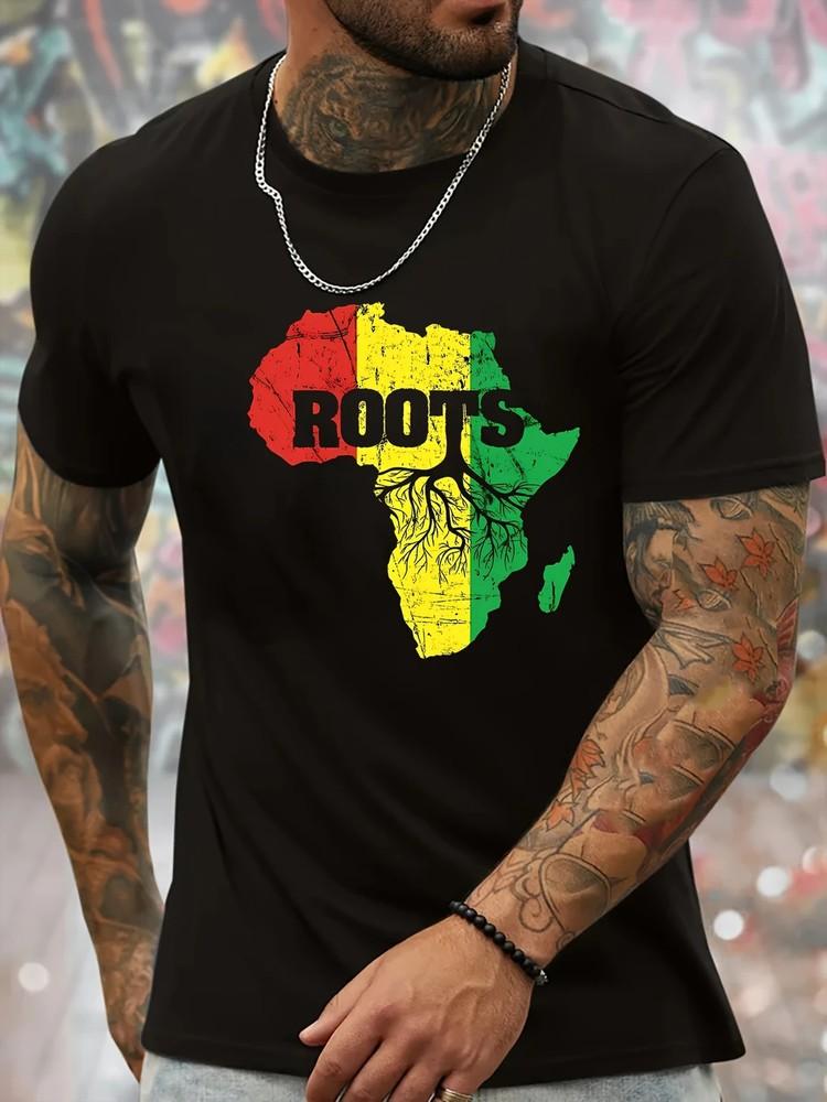 

Men s Casual Graphic T-Shirt with Africa Map and Roots Design - Vibrant Geometric L