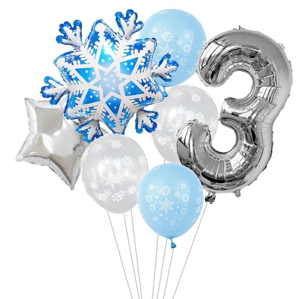 7Pcs Snowflake 32 inch Number 1-9 Foil Balloon Set Winter Snowflake Frozen Theme Balloons Birthday Party Holiday Decorations