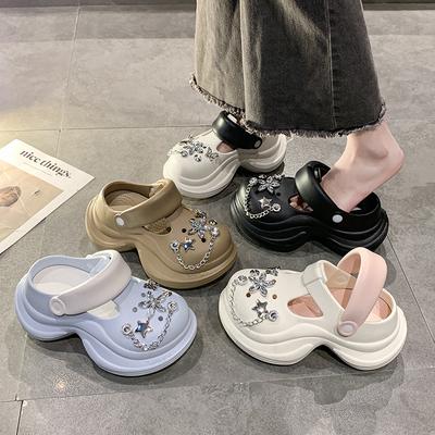 Spring and Summer 2025 New Rhinestone Heightening Hole Shoes Women's Ins Tide Non-slip Thick Sole Two Wear Bag Head Slippers Women's Shoes