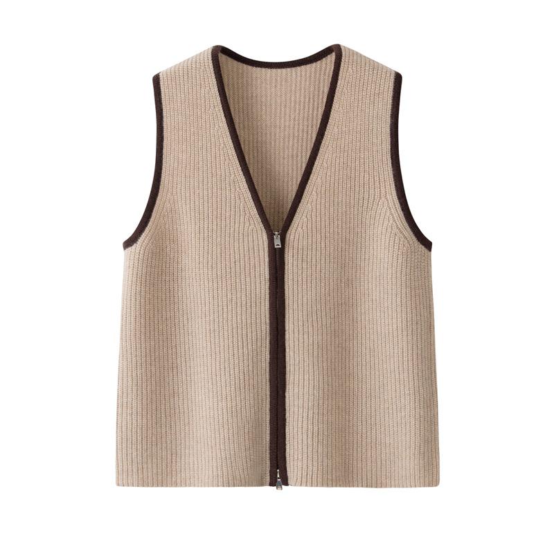 

Плотный кардиган в рубчик из 100% кашемира с двойной молнией и V-образным вырезом, многослойная жилетка L верблюд