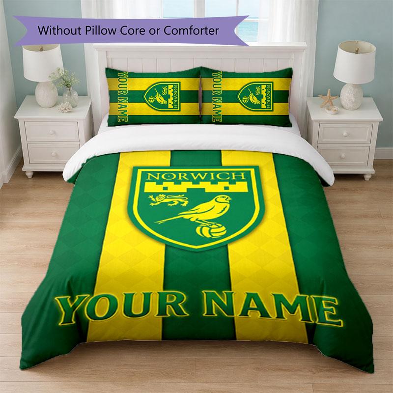 Set Biancheria da Letto Norwich City con Nome Personalizzato 1 Copripiumino+2 Federe Logo Calcio Regalo Personalizzato per Occasione Speciale Decorazione Camera da Letto
