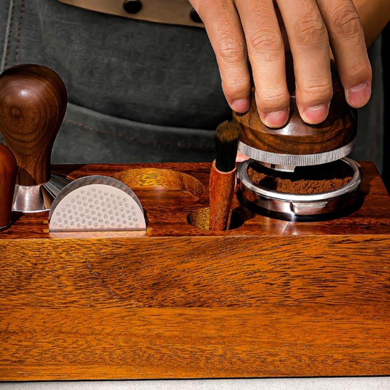 Espresso Tamper Holder Coffee Portafilter Holder with Pads Solid Wood Stand for Coffee Machine Handle and Accessories