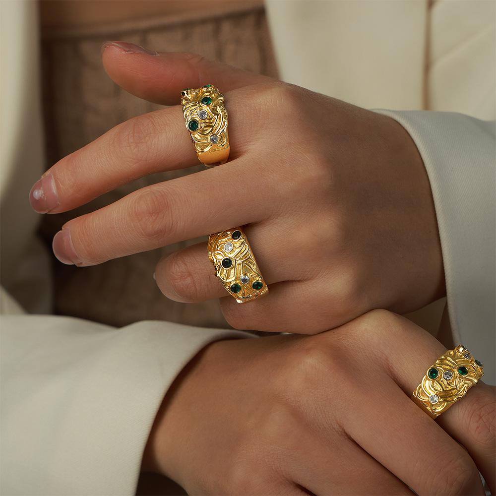 18k Gold-Plated Copper Ring with Colored Cubic Zirconia, Irregular Engraved Pattern, European & American Retro Fashion Jewelry for Women.