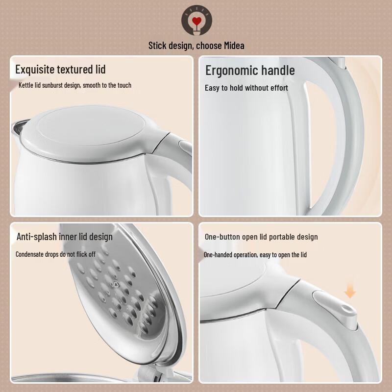 Midea 1.7L 316L Stainless Steel Double-Layer Anti-Scald Electric Kettle CN plug (adapter included)