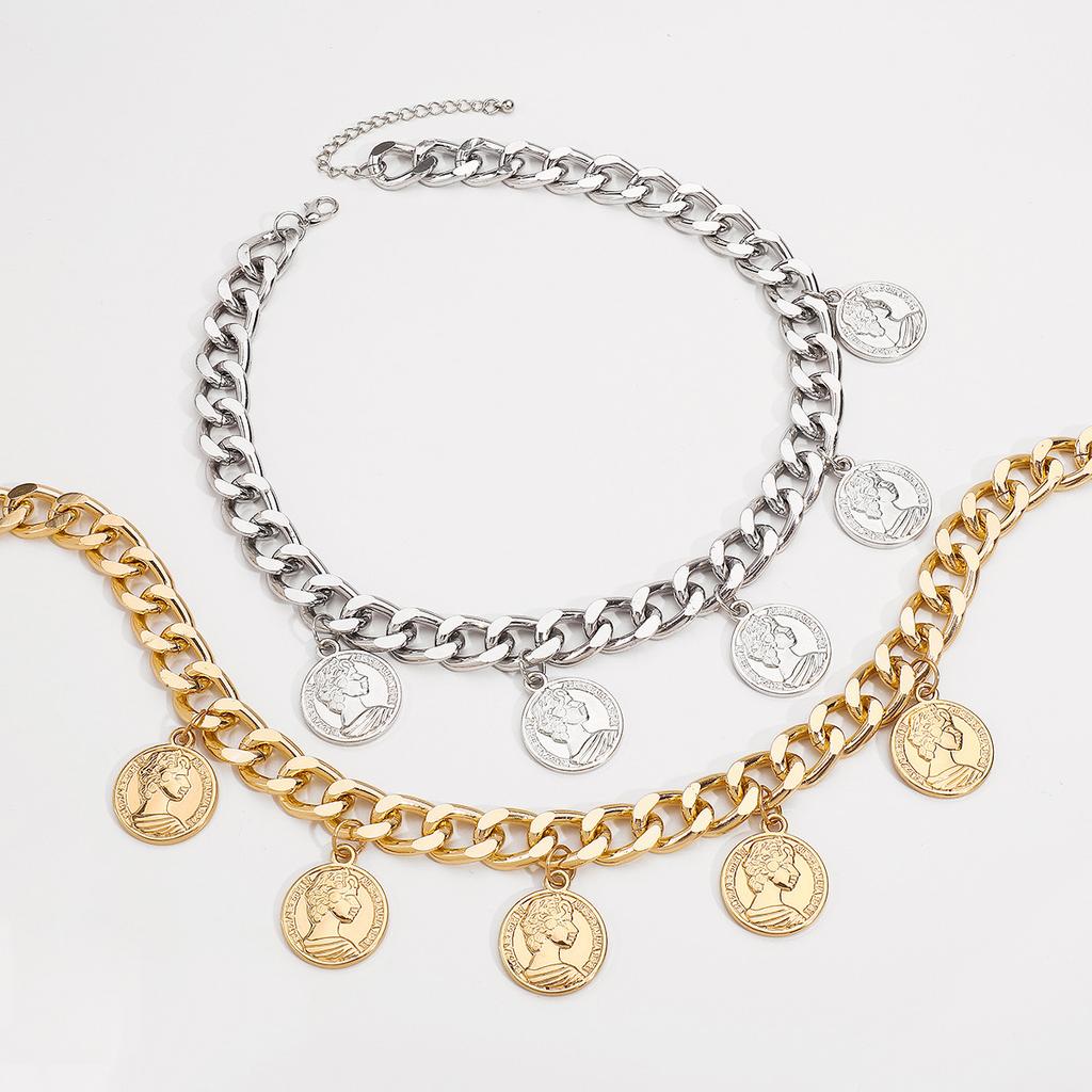 Tooxika Vintage Metal Coin Pendant Tassel Necklace Fashion Queen Image Collarbone Chain