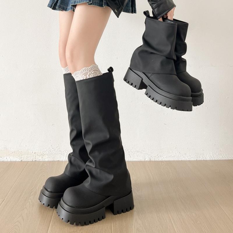 Winter Punk Style Pleated Women Knee High Boots Fashion Platform Height Increase Long Booties Zapatos De Mujer