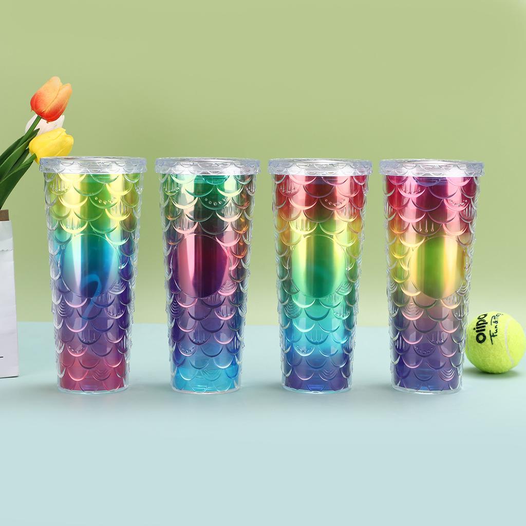Water Bottle Creative Large Capacity Double Layer Plastic Cup Colorful Gradual Change Fish Scale Cup Office Household Cup Portable