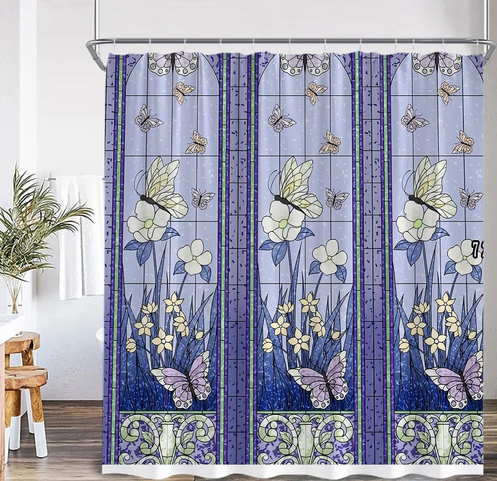 Stained Glass Garden Shower Curtain Butterfly Flowers Church Colored Painting Glass Wall Art Bath Curtain Aesthetic Bath Curta