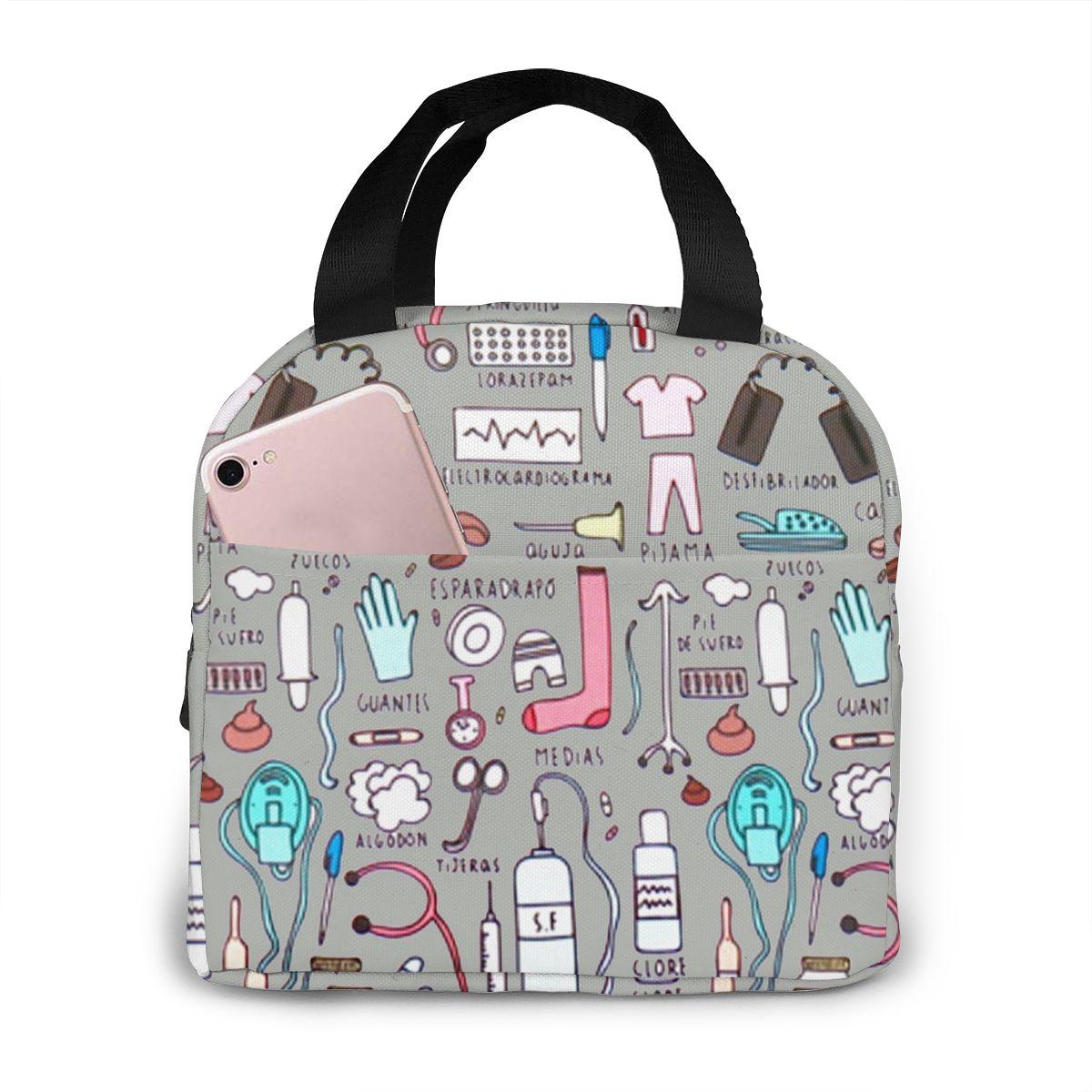 Nurse Pattern Fresh Cooler Bags Waterproof Portable Zipper Thermal Oxford Lunch Bags Women Convenient Lunch Box Tote Food Bags бежевый