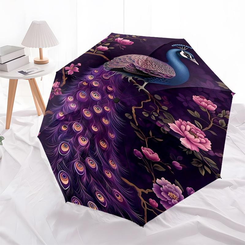1PC Peacock Flowers Umbrella-8-Rib Reinforced, Automatic Open, Lightweight & Durable, Fashion Accessory for Outdoor, Beach L0354