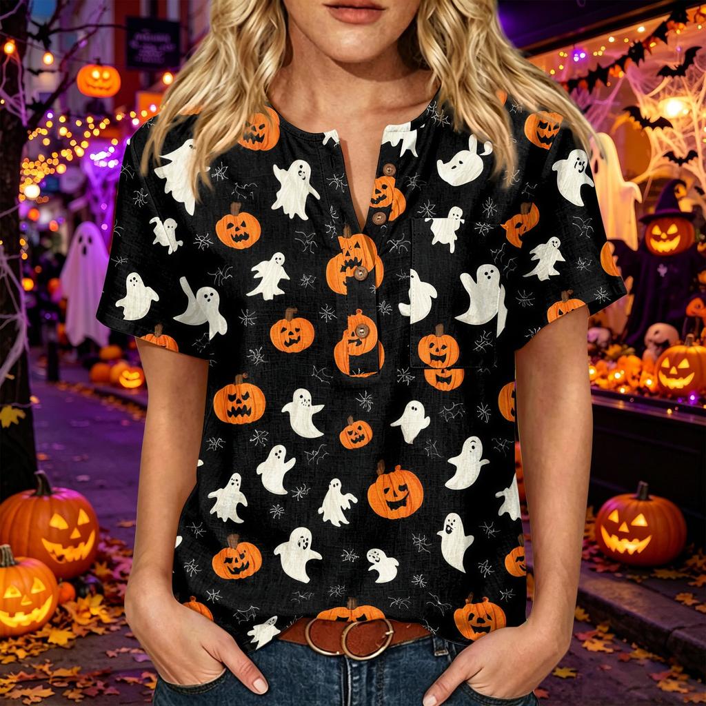 Women's Casual Halloween Print V Neck Short Sleeve Buttoned Three Quarter Sleeve T Shirt Top Lightweight Comfortable Fabric