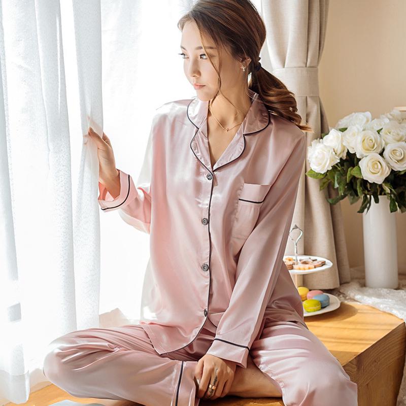 Spring Summer Women's Silk Long-sleeved Casual Sleepwear Suit Plus Size Nightwear Pijama Homewear