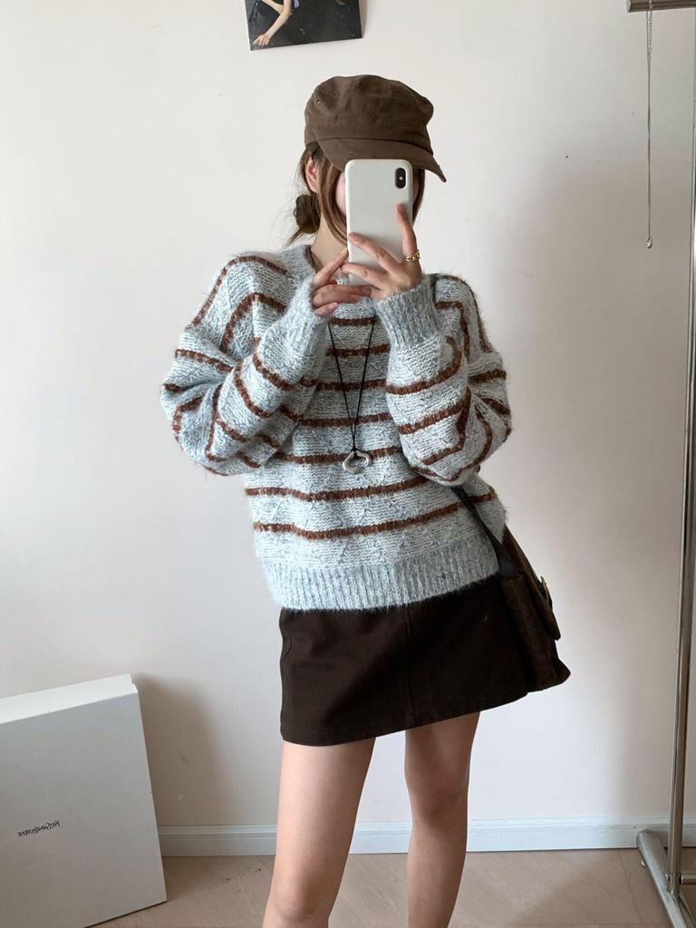Svetr s pruhy v korejském stylu - Měkký, volný, všestranný dámský pulovr na podzim/zimu