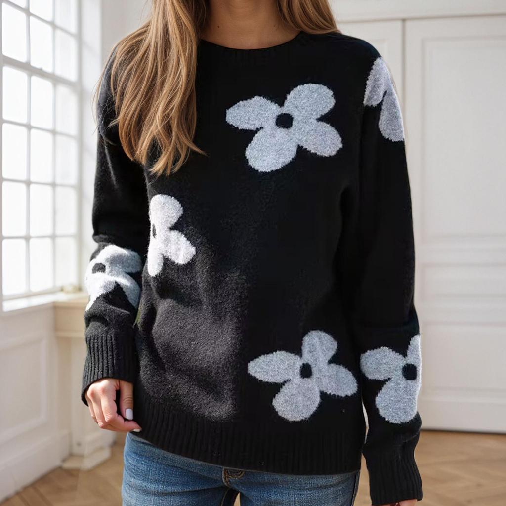 2025 Autumn/Winter Color Block Floral Jacquard Knit Pullover Sweater