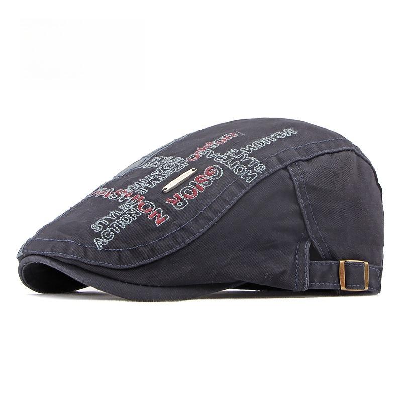 Unisex Washed Cotton Flat Cap Embroidered Letters Ivy Cap Retro Duckbill Hat Metal Plate Gatsby Cabbie Cap Adjustable Side Buckle