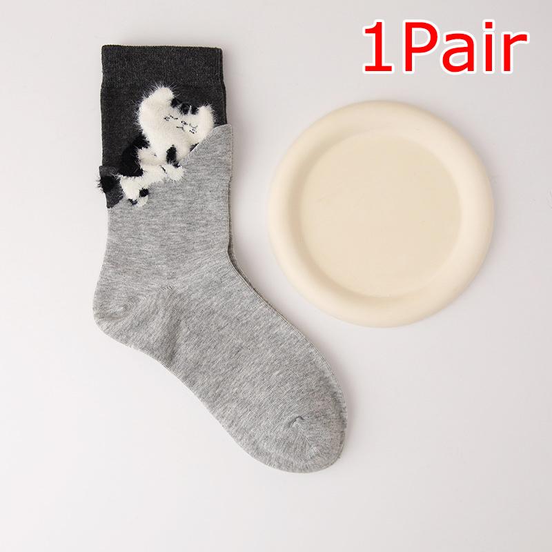 

1/4 Pairs Sock Versatile Plush Cat Print Comfortable One Size Breathable Mid-calf Socks Cute Multi-Color 1PC