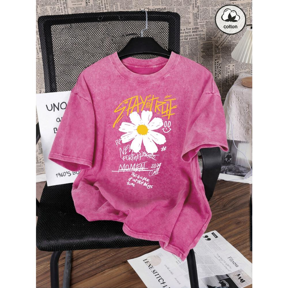 

Stay True Moment Flower Print Women Washed T-Shirt Oversize Crewneck T Shirts Cotton Tee Tops Vintage Short Sleeves S
