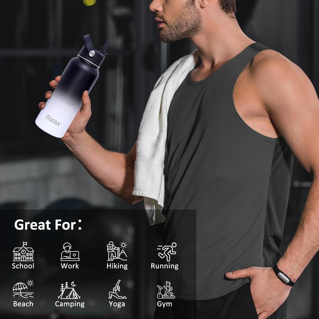 DUIERA 1000ml Heat and Cold Insulated Stainless Steel Water Bottle with Vacuum Straw and Leak-Proof Spout Lid, Black and White Gradient