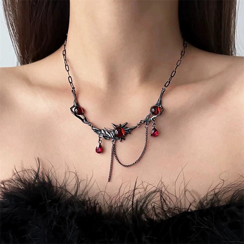 Punk Style Red Zircon Gun Black Tassel Necklace for Women - Trendy Cool Clavicle Chain