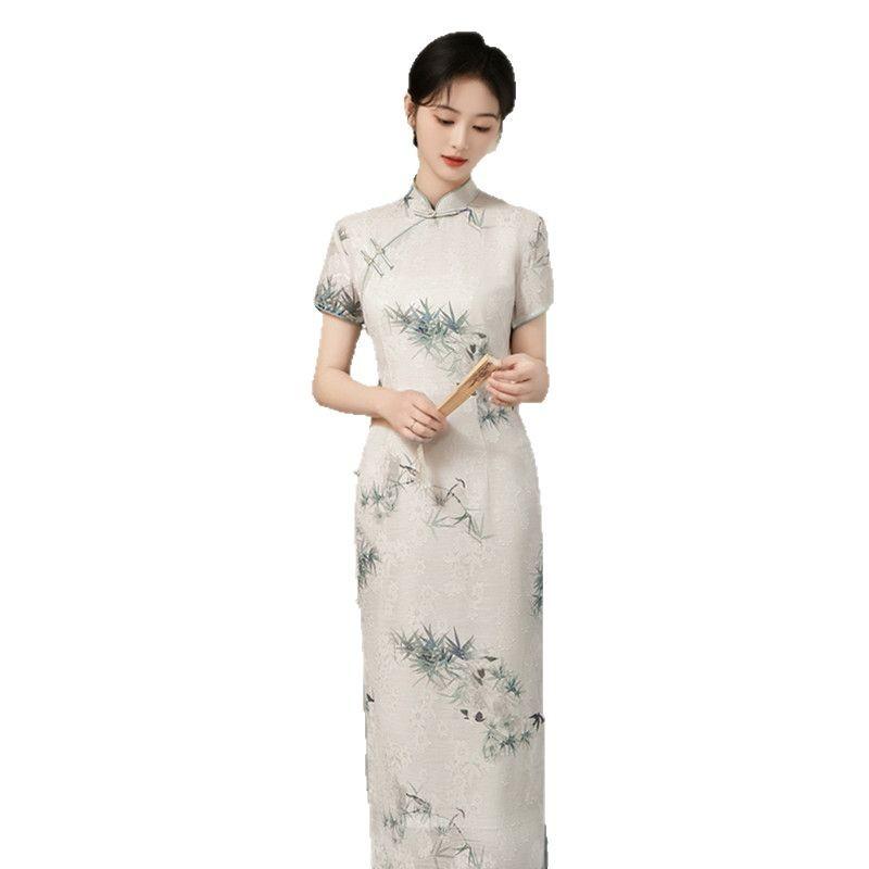 Geleneksel ulusal tarz Çin uzun geliştirilmiş cheongsam yeni genç kadın retro kısa kollu yazın günlük giyilebilir
