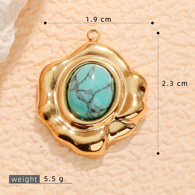 European Retro Turquoise Geometric Oval Pendant - Stainless & Titanium Steel Jewelry for Women