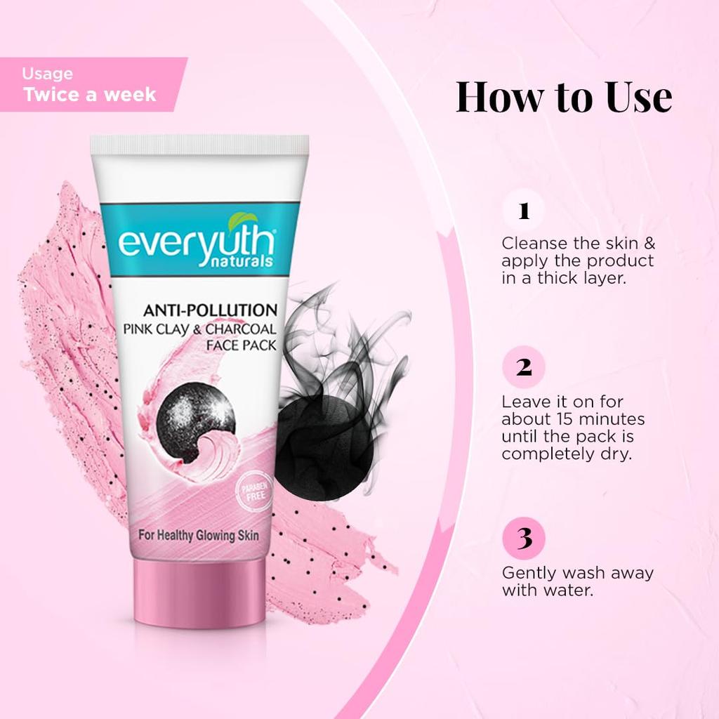 Everyuth Naturals Anti Pollution Pink Clay Charcoal Face Pack 100g For All Skin Types Oily Dry Detoxifying