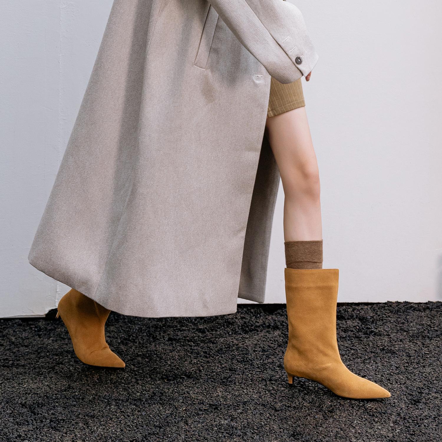 

Fashion 2025 New Pointed Toe Mid-calf Women Boots Cow Suede Thin Heels Warm Knight Boots Fashion Slip on Party Ladies Shoes Modern Boots 34 жёлтый