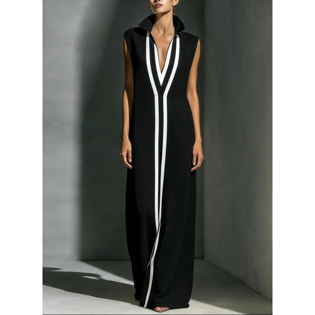 Damen V-Ausschnitt Ärmellos Weiter Bein Jumpsuit Lockerer Sitz Hoher Bund Kontrastfarbe Maxi Jumpsuit