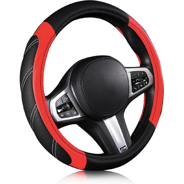 AUTOYOUTH Steering Wheel Cover, Universal Fit For Car, Truck, SUV & Van, Breathable Anti-Slip Microfiber Leather With Four-Stitch Design, Red &