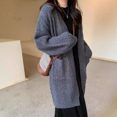 Retro Pocket Twist Large Size Knitted Cardigan Women's Commuting Simple Temperament Long Sweater Jacket Women's Autumn and Winter
