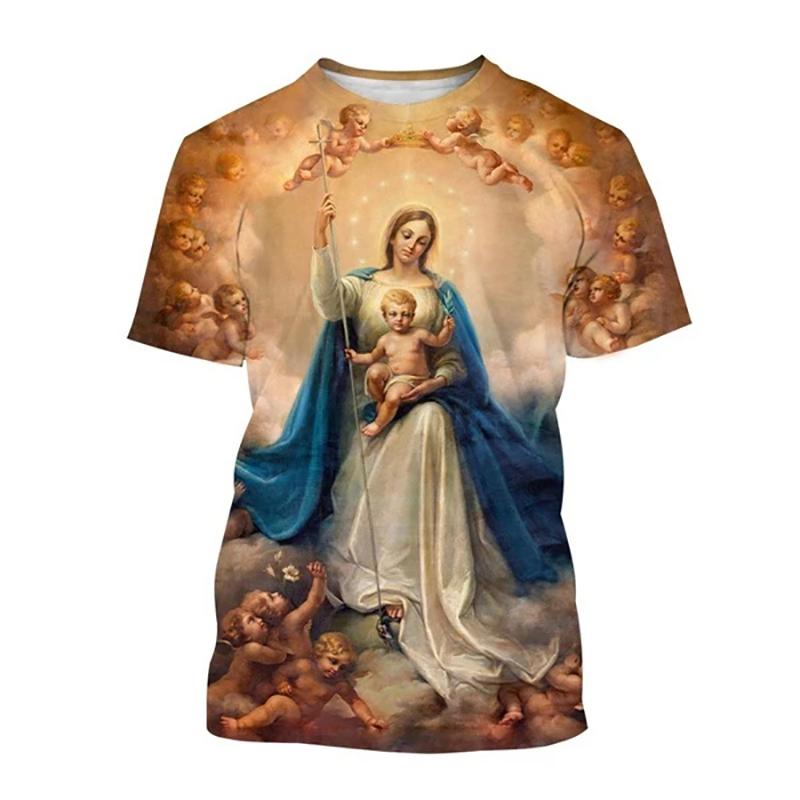 Camiseta 2025 Nuevo Verano Virgen María Estampado 3D Hombres Mujeres Cuello Redondo Manga Corta Camisetas Ropa Urbana Harajuku Camisetas Tops para Niños