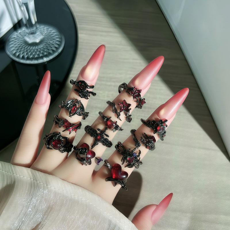 Unisex Halloween Bat Cross Flame Ring with Red Thorns and Flowers - Dark Style Fashion Finger Accessory