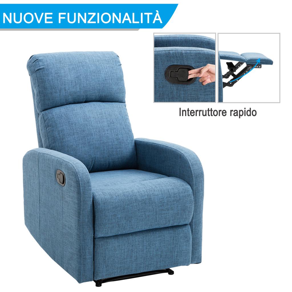 Manual Reclining Relax Armchair with Footrest Capacity 125kg Linen Fabric 67 × 83 × 107cm Blue