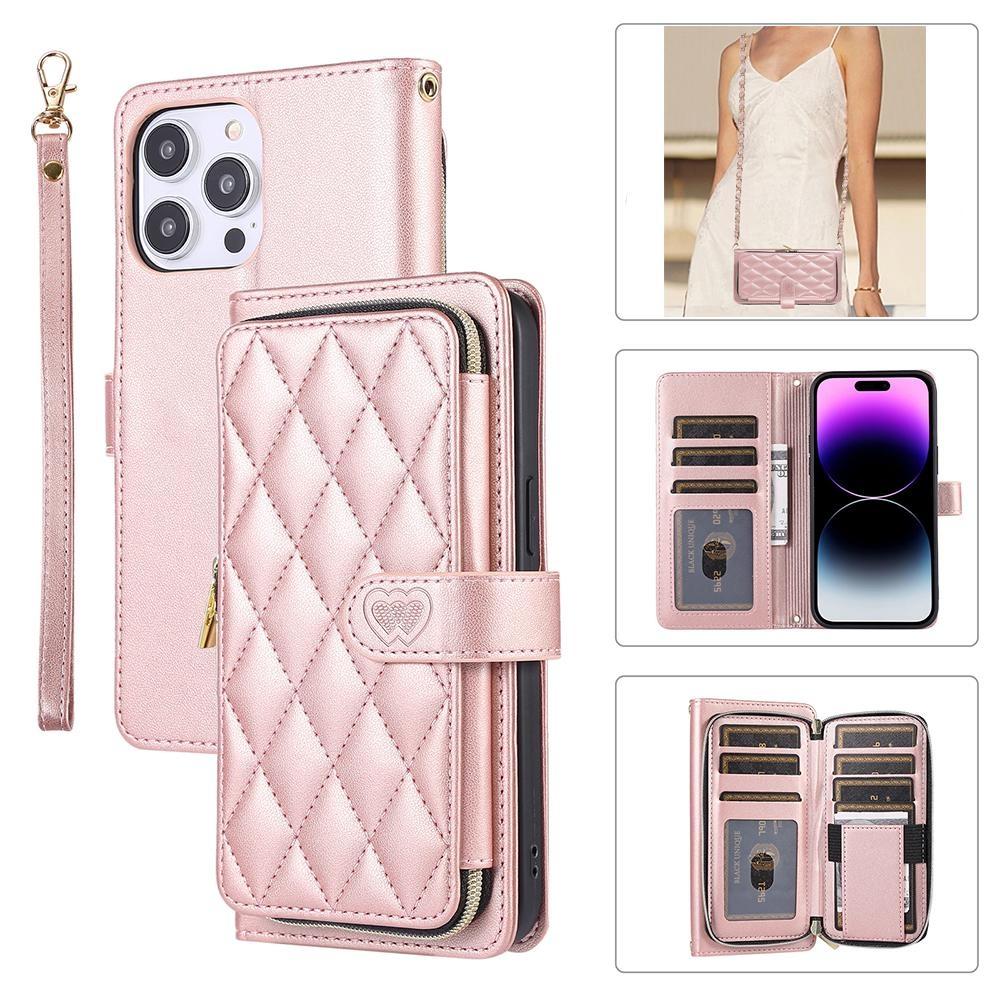 Reißverschluss-Crossbody-Geldbörse mit Kette, Umhängeband, 9 Karten, Ledertasche für iPhone 15 14 13 12 Pro Max XS Max 7P 8P / Samsung S23 S22 S21 Ultra Plus A14 A54 A13 A53