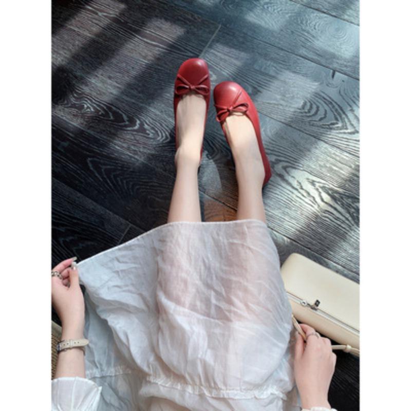 Sheepskin version single shoes women's round head light mouth bow leather shoes versatile thick heel commuter ballet shoes