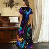 Women Plus Size V Neck Short Sleeve Black Golden Printed Straight Maxi Dress
