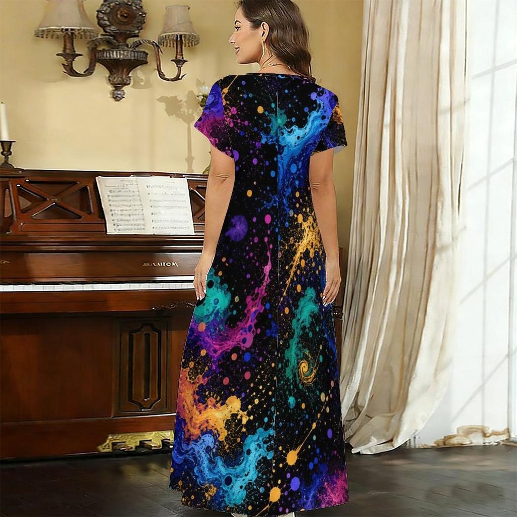 Women Plus Size V Neck Short Sleeve Black Golden Printed Straight Maxi Dress