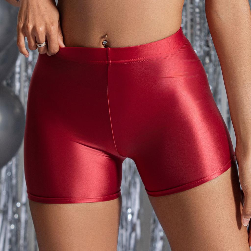 Pantaloncini sportivi attillati da donna, sexy, di media lunghezza, effetto lucido