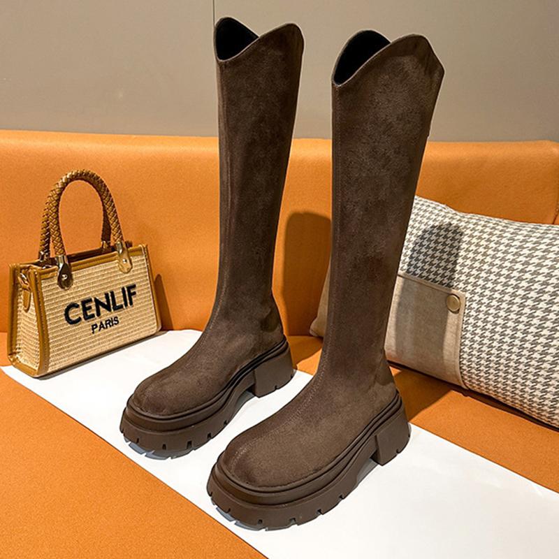 Winter Platform Punk Style Woman Knee High Boots Solid Suede Slip On Thick Heel Women Shoes Knight Long Boots for Autumn Winter