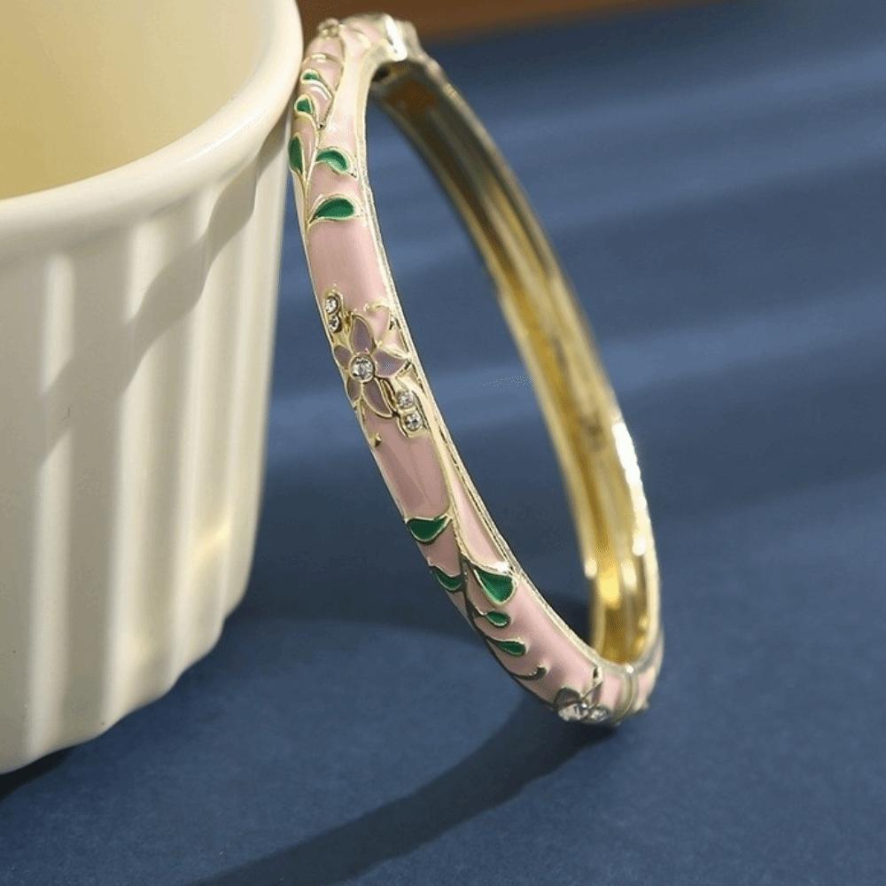 Gold Plated Cloisonne Bracelet Enamelled Flower Enamel Bangle Enamel Bangle Bracelet  Women Jewelry