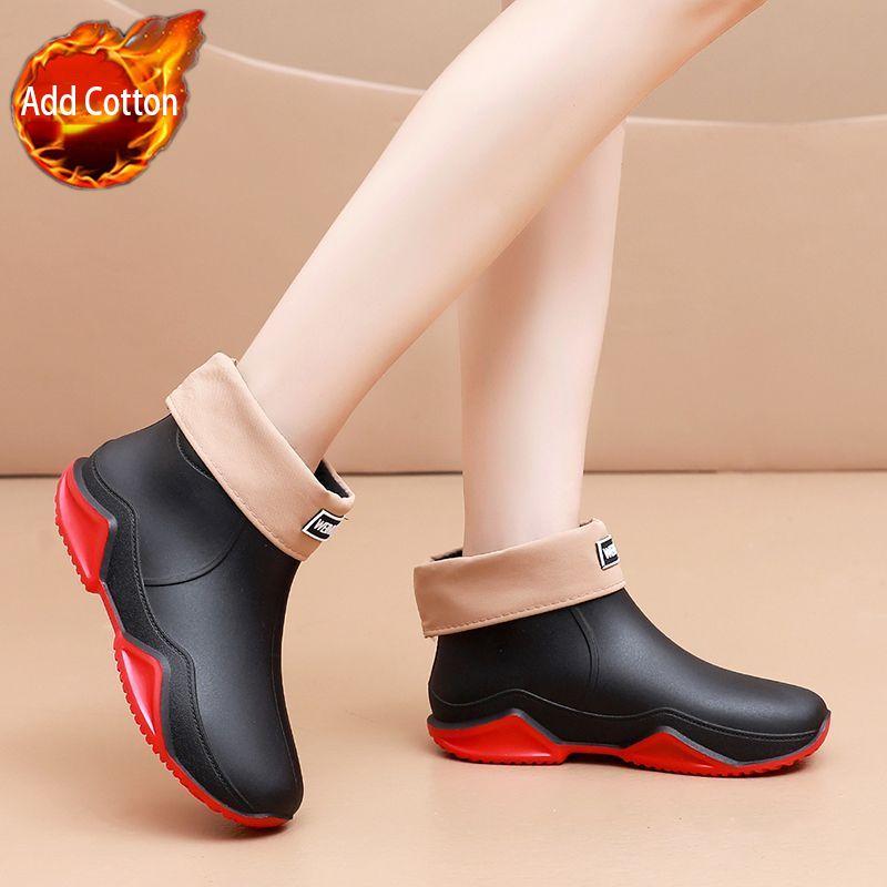 Korean Style Women's Short Shaft Rain Boots Waterproof Warm Flat Sole Kitchen Work Car Wash Rubber Boots Men's