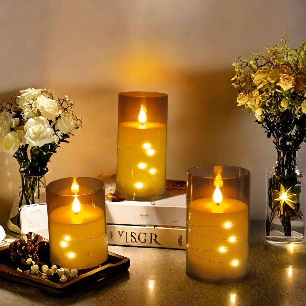3 sztuki bezpłomieniowych świec LED z pilotem zdalnego sterowania, migoczące świece filarowe, świąteczne dekoracje na Halloween, lampa herbaciana