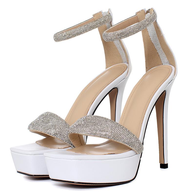 

Летние босоножки на высоком каблуке женские тонкие каблуки водонепроницаемая платформа ночной клуб банкет кожа стразы модель подиум супер высокий каблук 38 белый