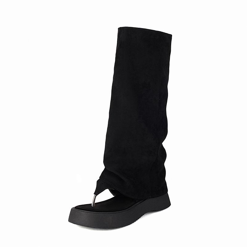 Plus Size Frosted Suede Material Flat Bottom Clip Toe Cover For Women's Summer Midsole Boots Breathable Lining Peep Toe Boots