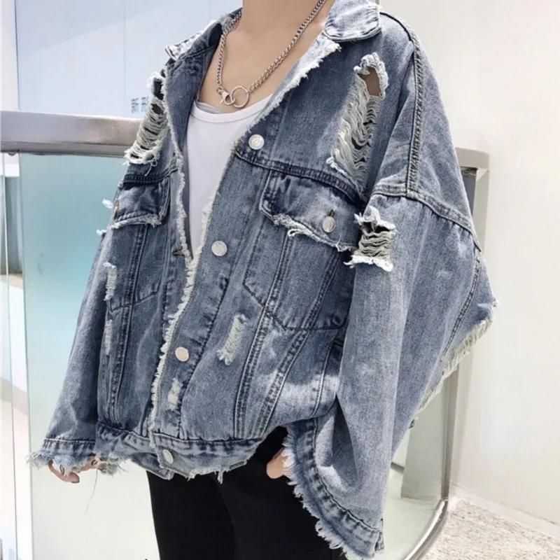 

Модна синя рвана джинсова куртка Y2K Distressed Streetwear Хіп-хоп Джинси зі зламаними дірками Байкерські куртки Чоловічі весняні куртки XXL